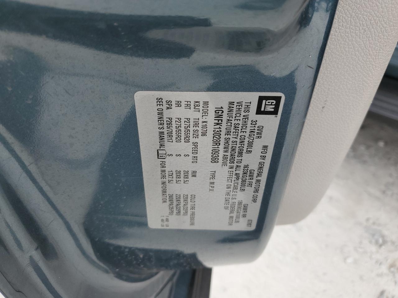 2008 Chevrolet Tahoe K1500 VIN: 1GNFK13028R109368 Lot: 86059705