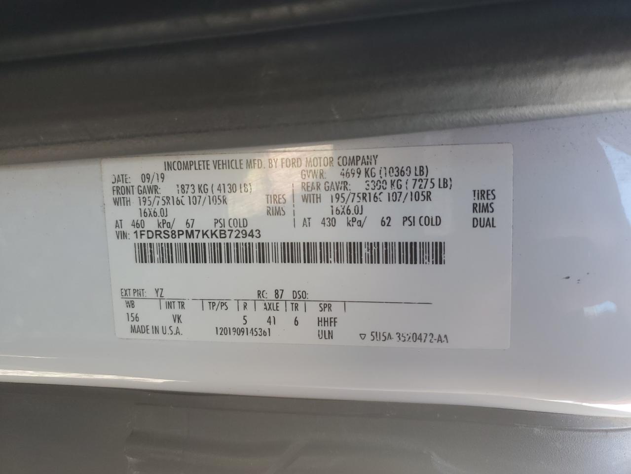 2019 Ford Transit T-350 Hd VIN: 1FDRS8PM7KKB72943 Lot: 84808045