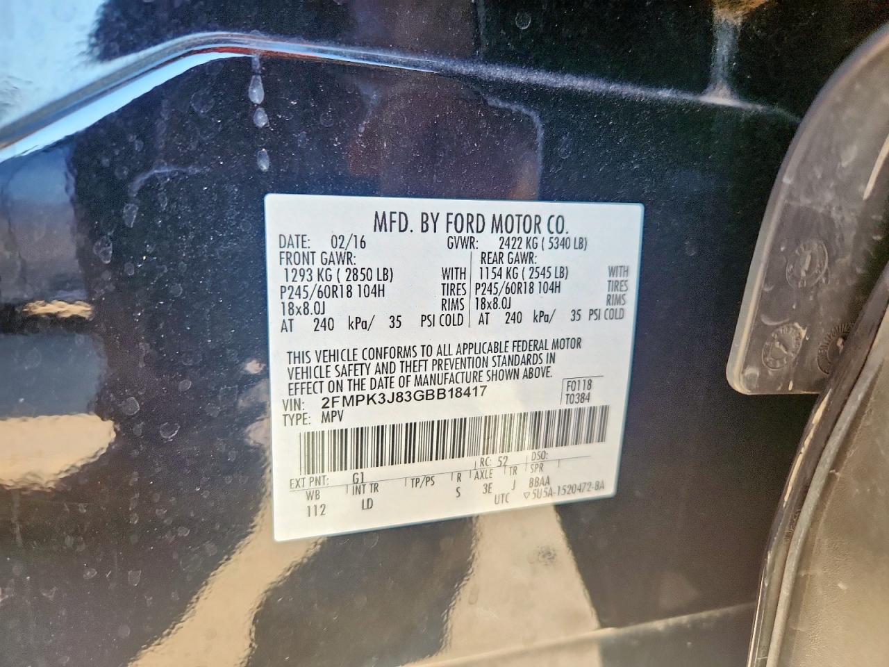 2016 Ford Edge Sel VIN: 2FMPK3J83GBB18417 Lot: 82218685