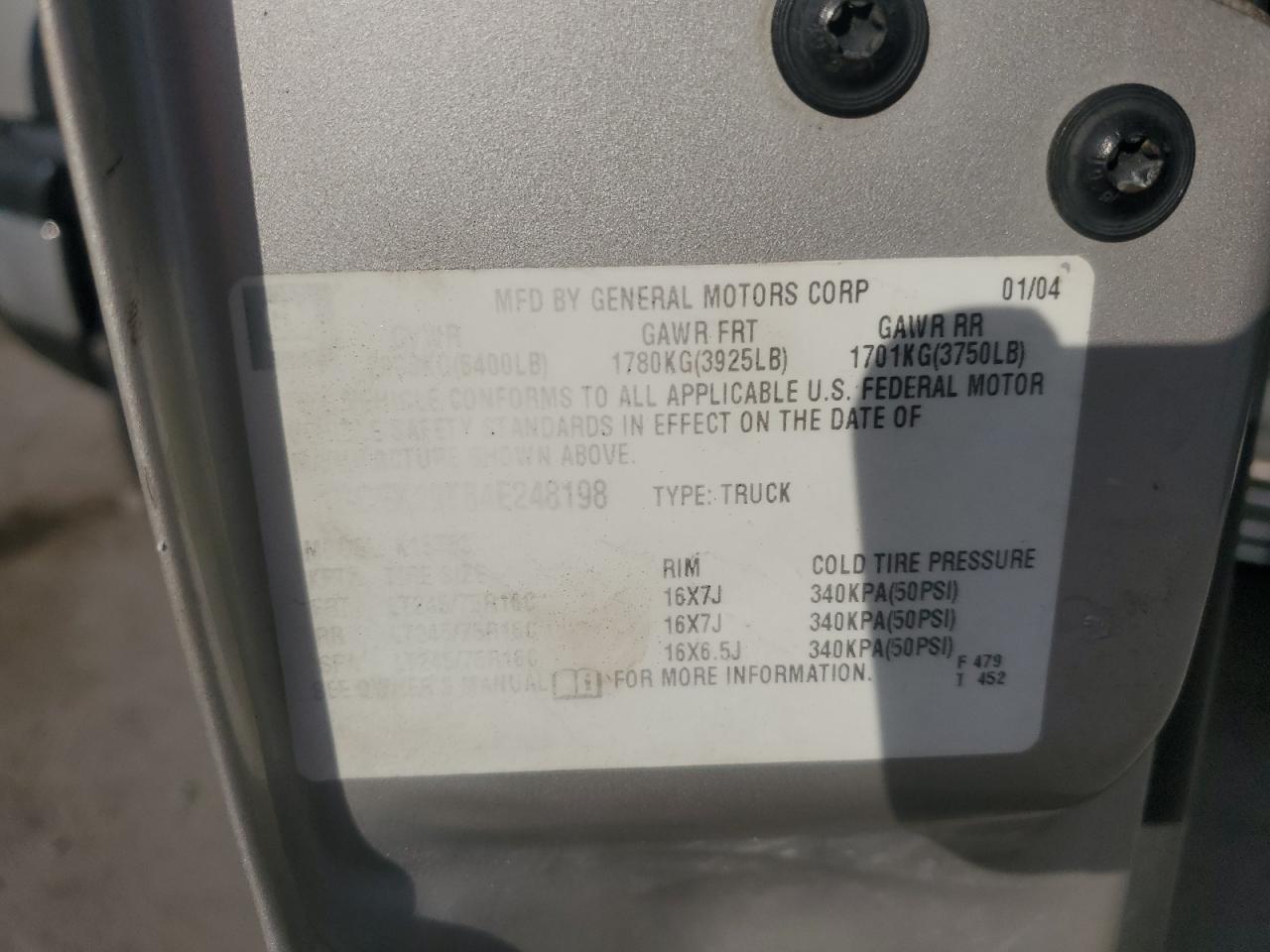 2004 Chevrolet Silverado K1500 VIN: 1GCEK19T84E248198 Lot: 81974995