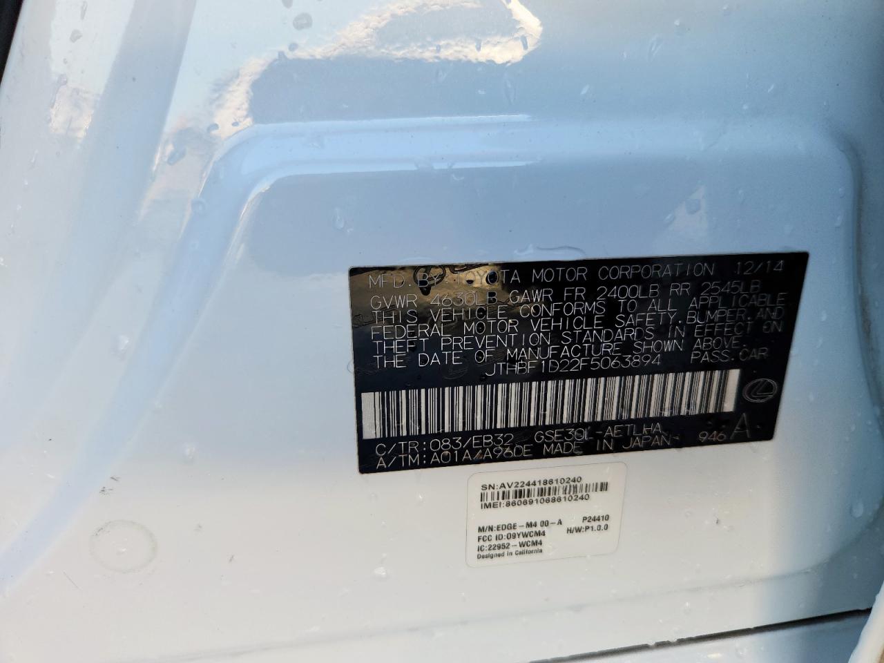 2015 Lexus Is 250 VIN: JTHBF1D22F5063894 Lot: 84583365