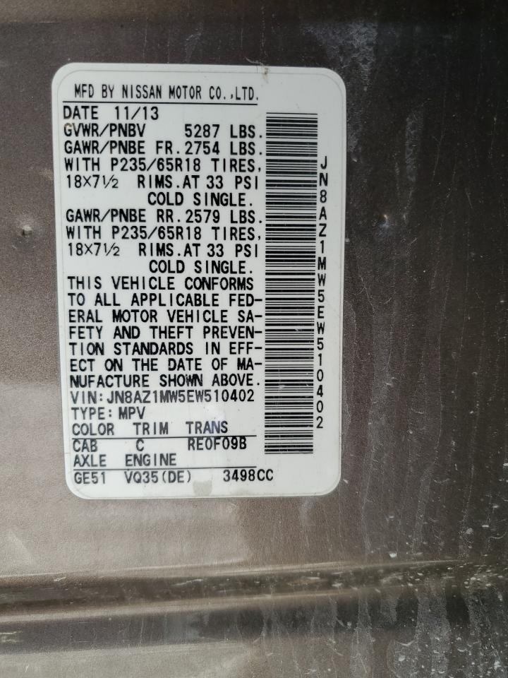 2014 Nissan Murano S VIN: JN8AZ1MW5EW510402 Lot: 85907535