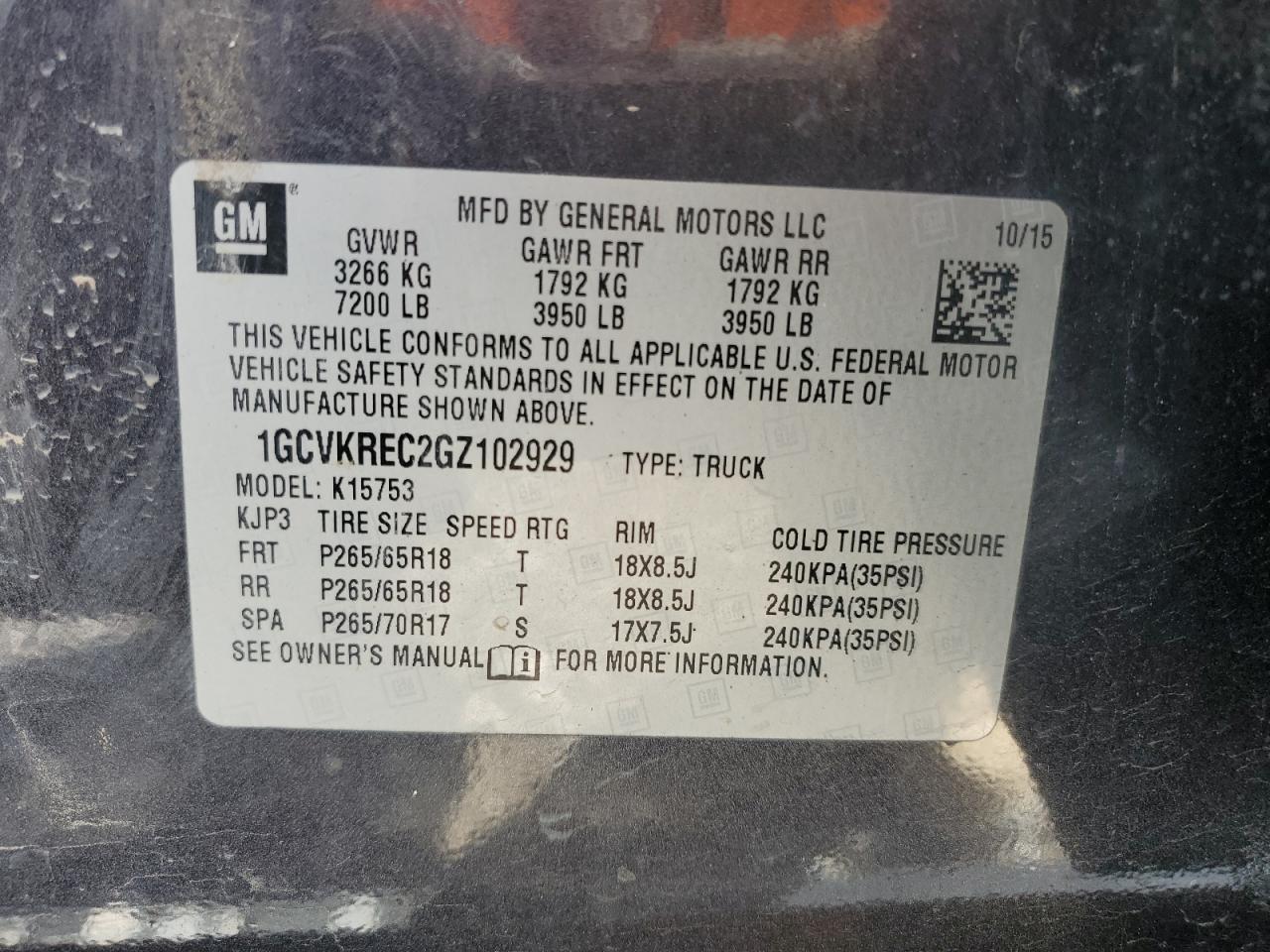 2016 Chevrolet Silverado K1500 Lt VIN: 1GCVKREC2GZ102929 Lot: 85561805