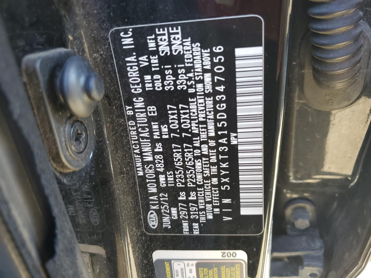 2013 Kia Sorento Lx VIN: 5XYKT3A15DG347056 Lot: 84877565