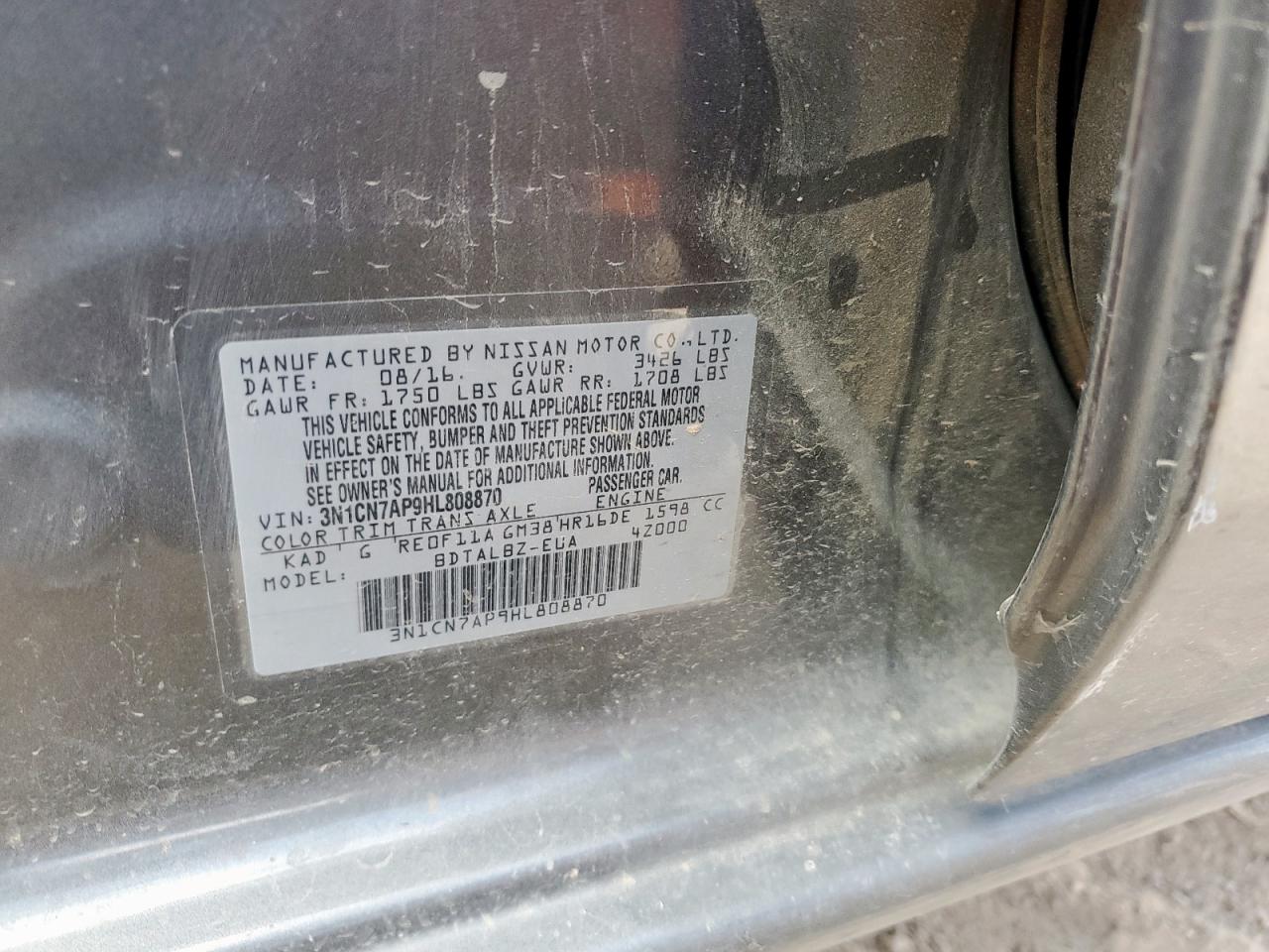 2017 Nissan Versa S VIN: 3N1CN7AP9HL808870 Lot: 85119705