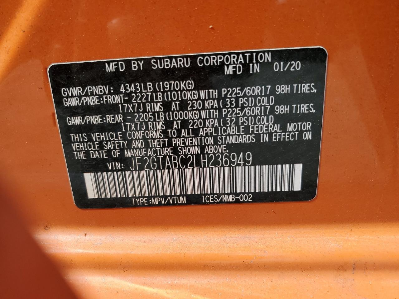 2020 Subaru Crosstrek VIN: JF2GTABC2LH236949 Lot: 85508625