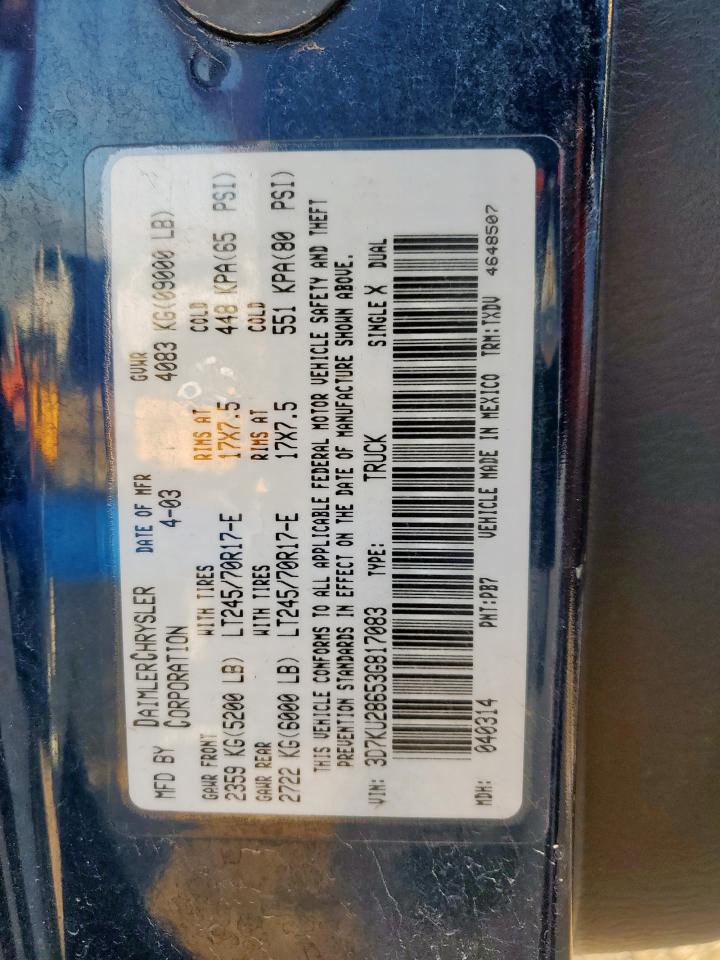 2003 Dodge Ram 2500 St VIN: 3D7KU28653G817083 Lot: 82692085