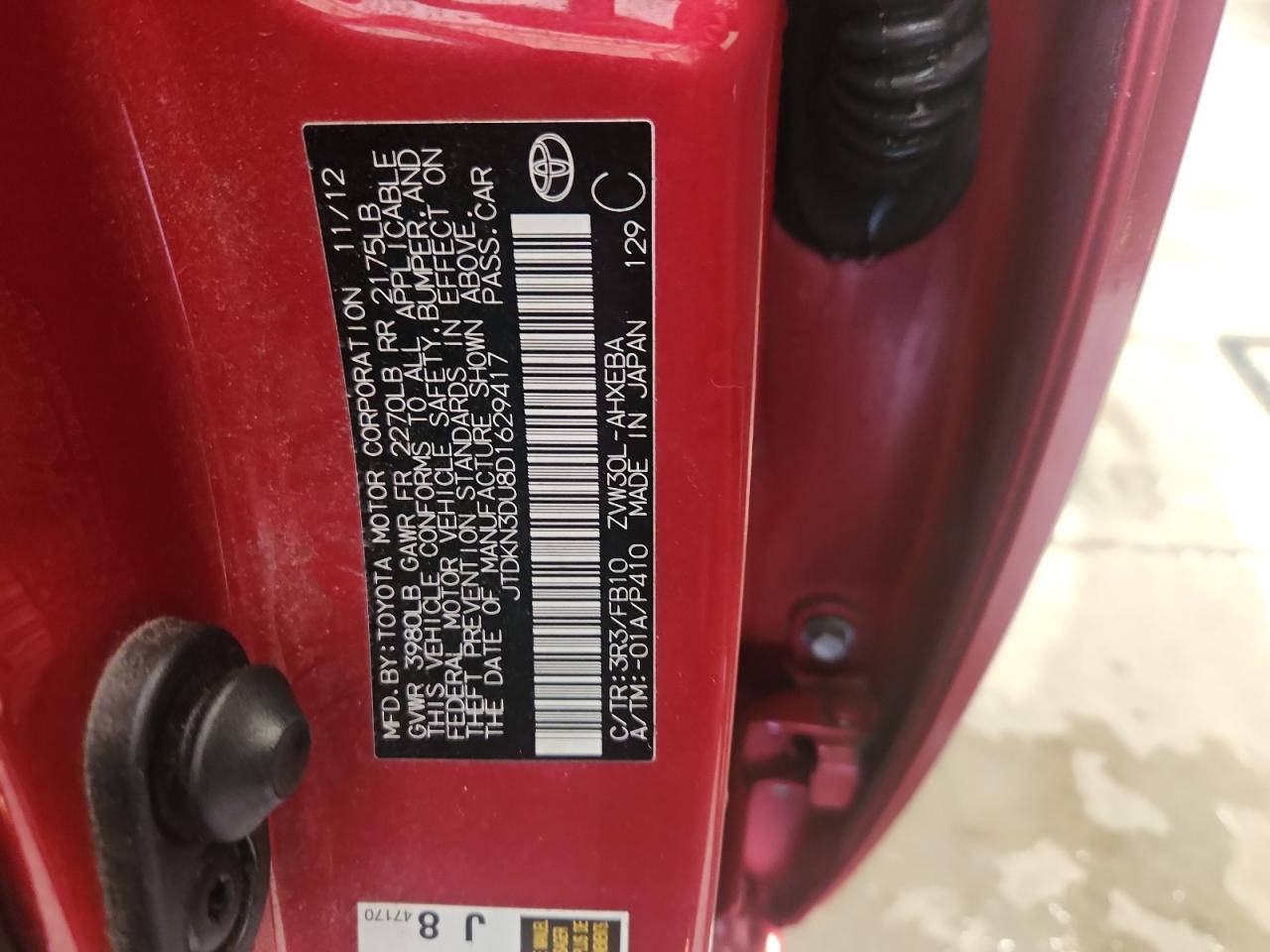 2013 Toyota Prius VIN: JTDKN3DU8D1629417 Lot: 85863185