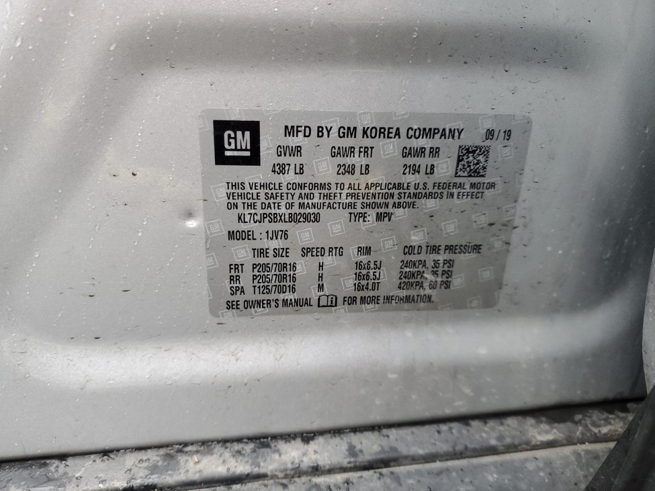 2020 Chevrolet Trax 1Lt VIN: KL7CJPSBXLB029030 Lot: 90669965