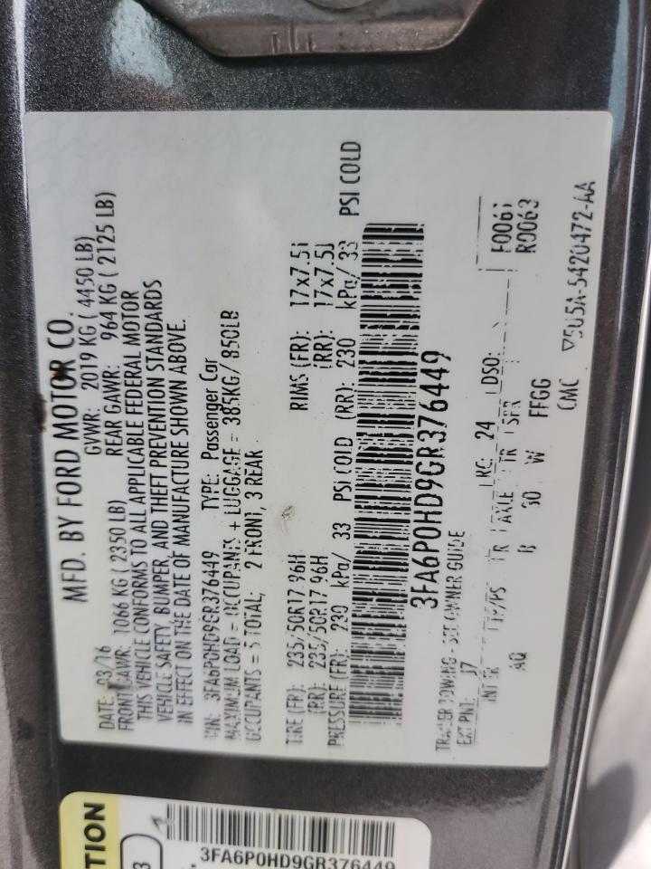 2016 Ford Fusion Se VIN: 3FA6P0HD9GR376449 Lot: 86885645