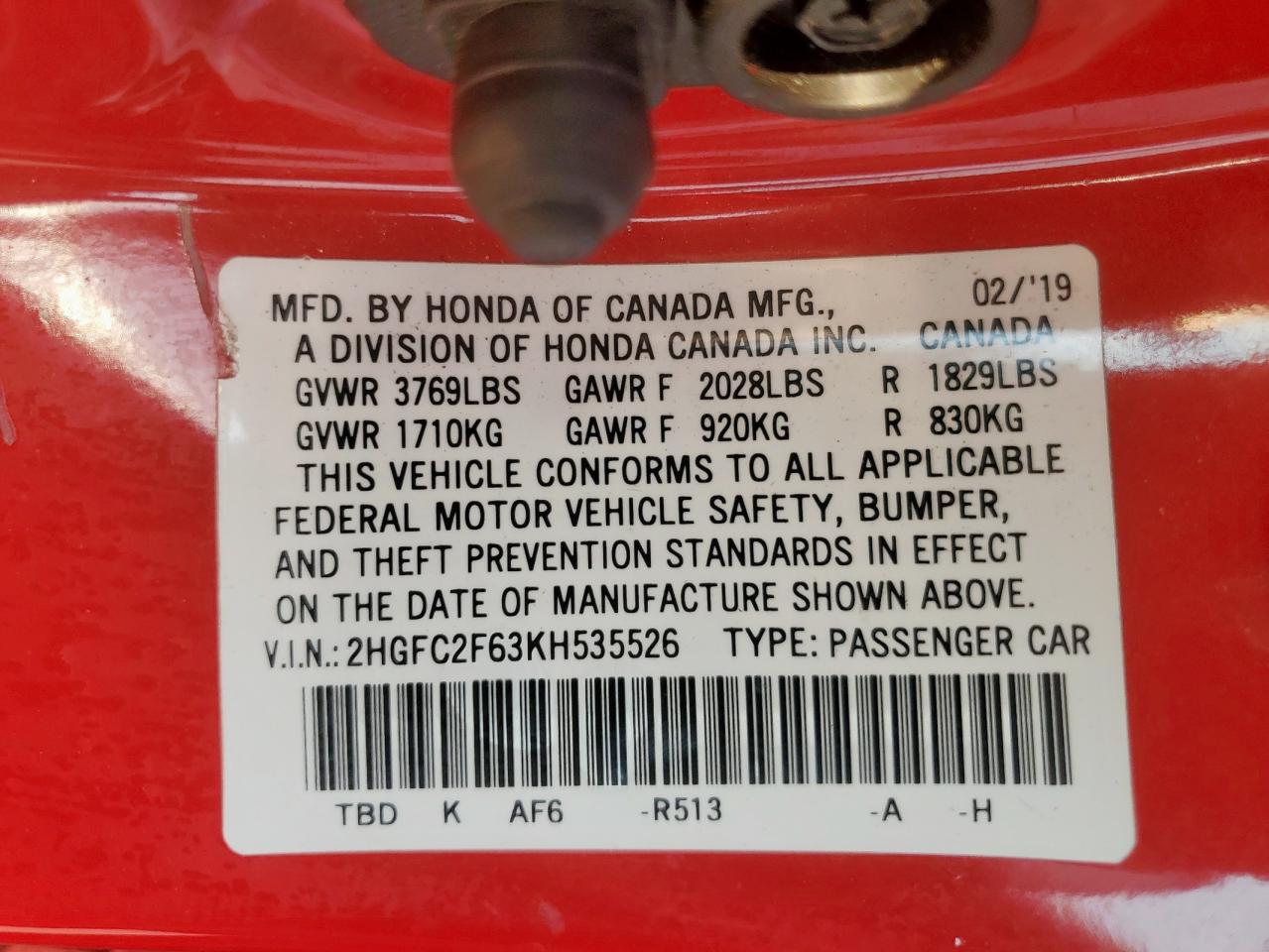 2019 Honda Civic Lx VIN: 2HGFC2F63KH535526 Lot: 84909235