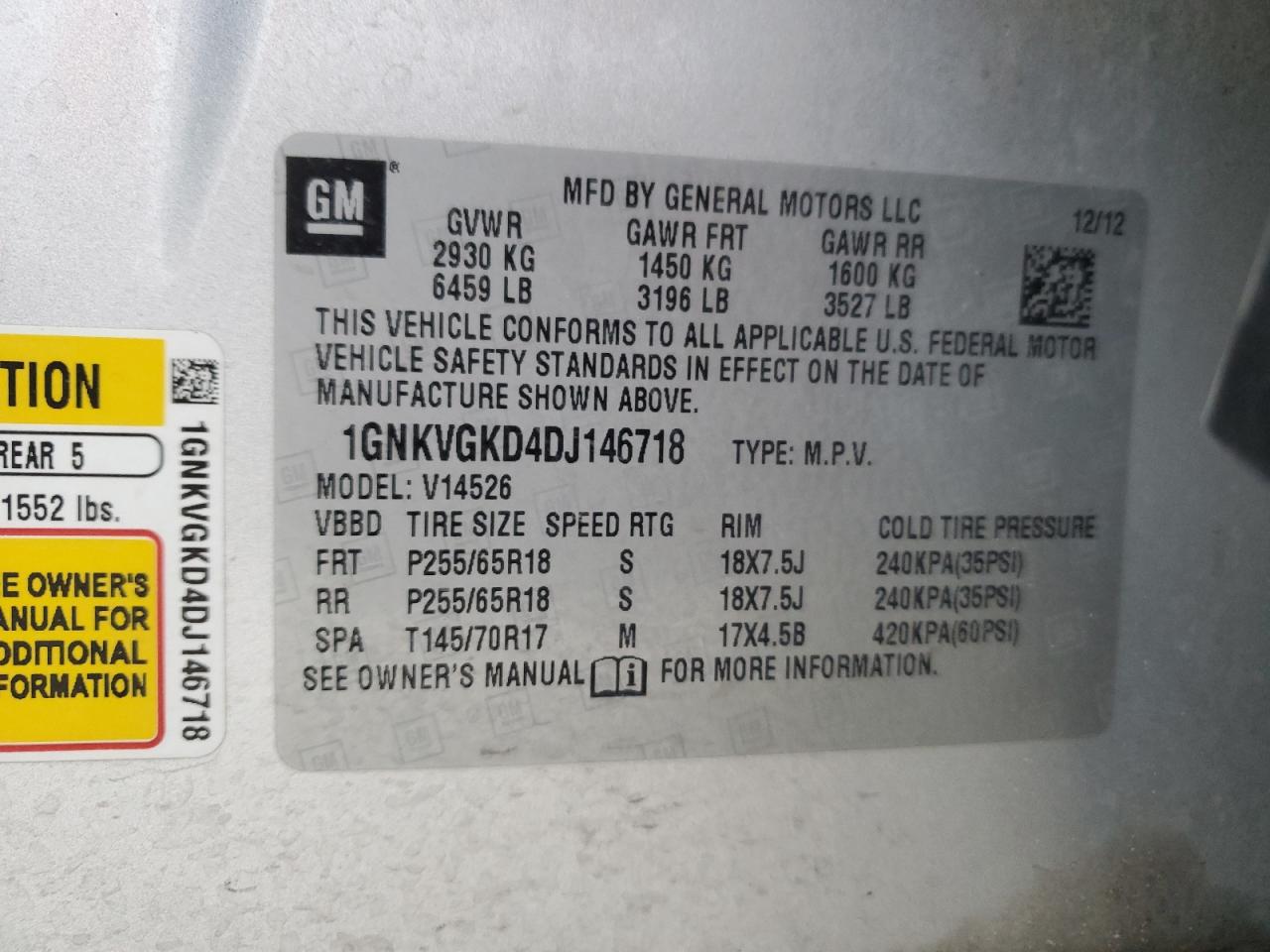 2013 Chevrolet Traverse Lt VIN: 1GNKVGKD4DJ146718 Lot: 85925435