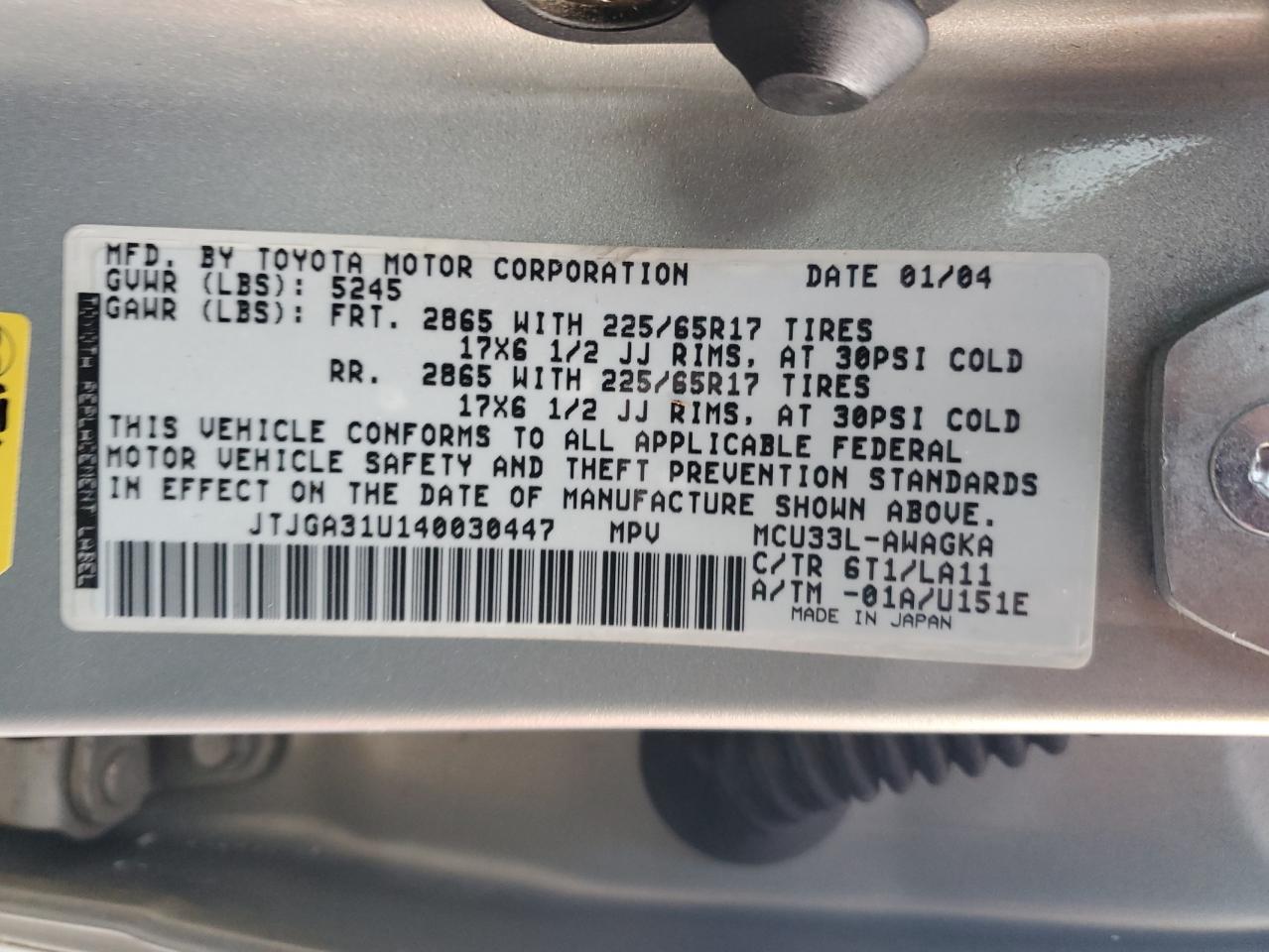 2004 Lexus Rx 330 VIN: JTJGA31U140030447 Lot: 71750345