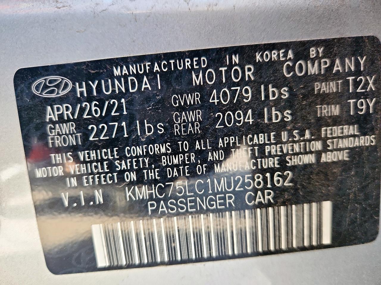 2021 Hyundai Ioniq Se VIN: KMHC75LC1MU258162 Lot: 82341015