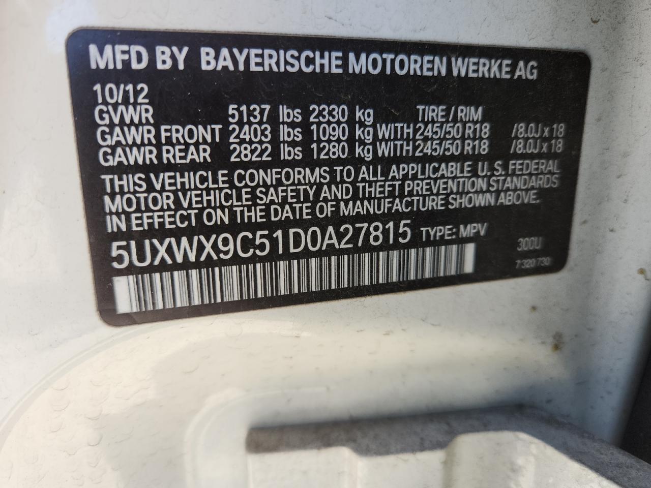 2013 BMW X3 xDrive28I VIN: 5UXWX9C51D0A27815 Lot: 80565925