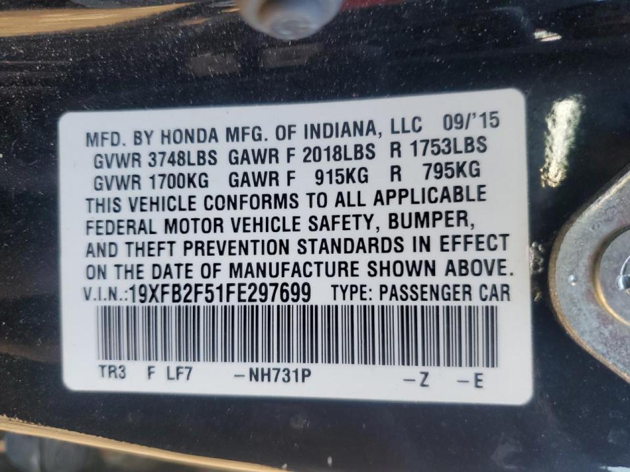 2015 Honda Civic Lx VIN: 19XFB2F51FE297699 Lot: 85914705