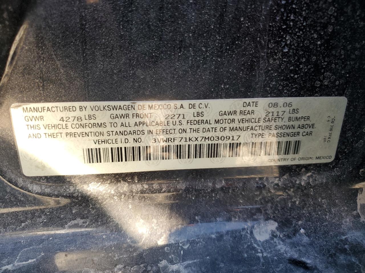 2007 Volkswagen Jetta 2.5 Option Package 1 VIN: 3VWRF71KX7M030917 Lot: 84721425