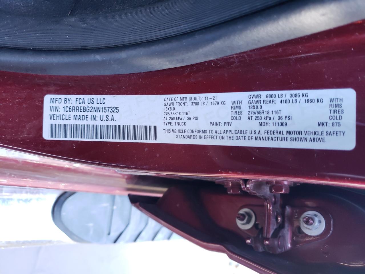 2022 Ram 1500 Big Horn/Lone Star VIN: 1C6RREBG2NN157325 Lot: 84644785