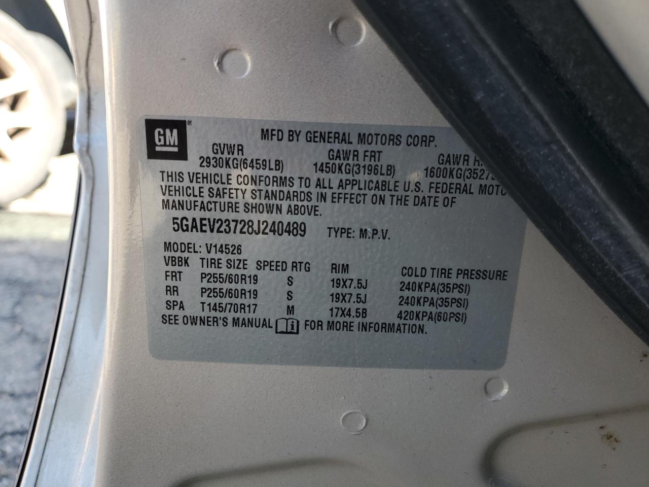 2008 Buick Enclave Cxl VIN: 5GAEV23728J240489 Lot: 90875265