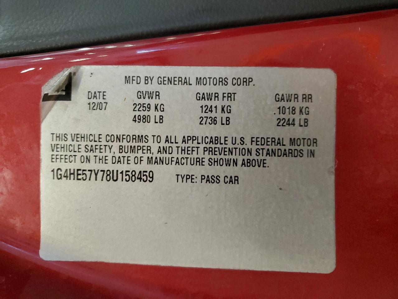 2008 Buick Lucerne Cxs VIN: 1G4HE57Y78U158459 Lot: 87446725