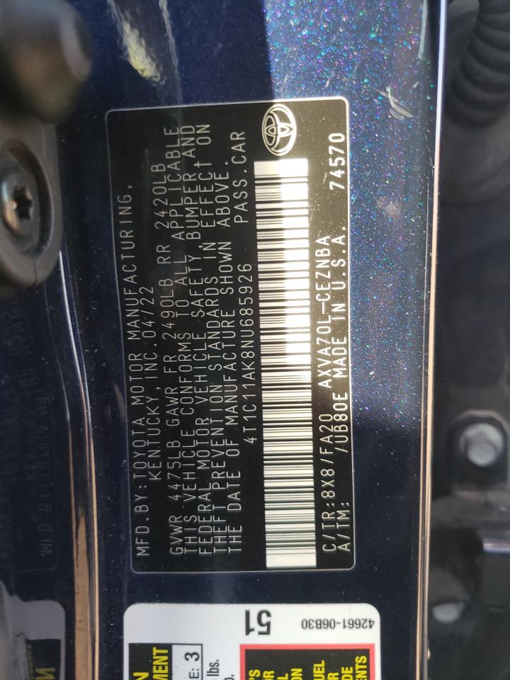 2022 Toyota Camry Le VIN: 4T1C11AK8NU685926 Lot: 84703495