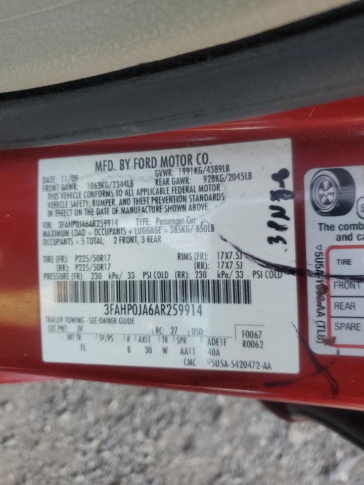 2010 Ford Fusion Sel VIN: 3FAHP0JA6AR259914 Lot: 81927875