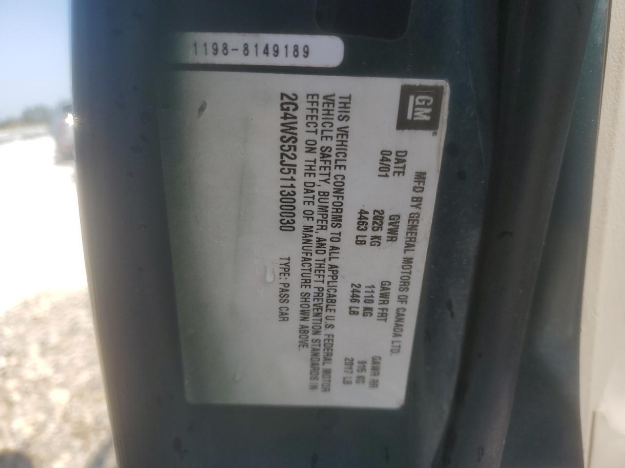 2001 Buick Century Custom VIN: 2G4WS52J511300030 Lot: 85110215