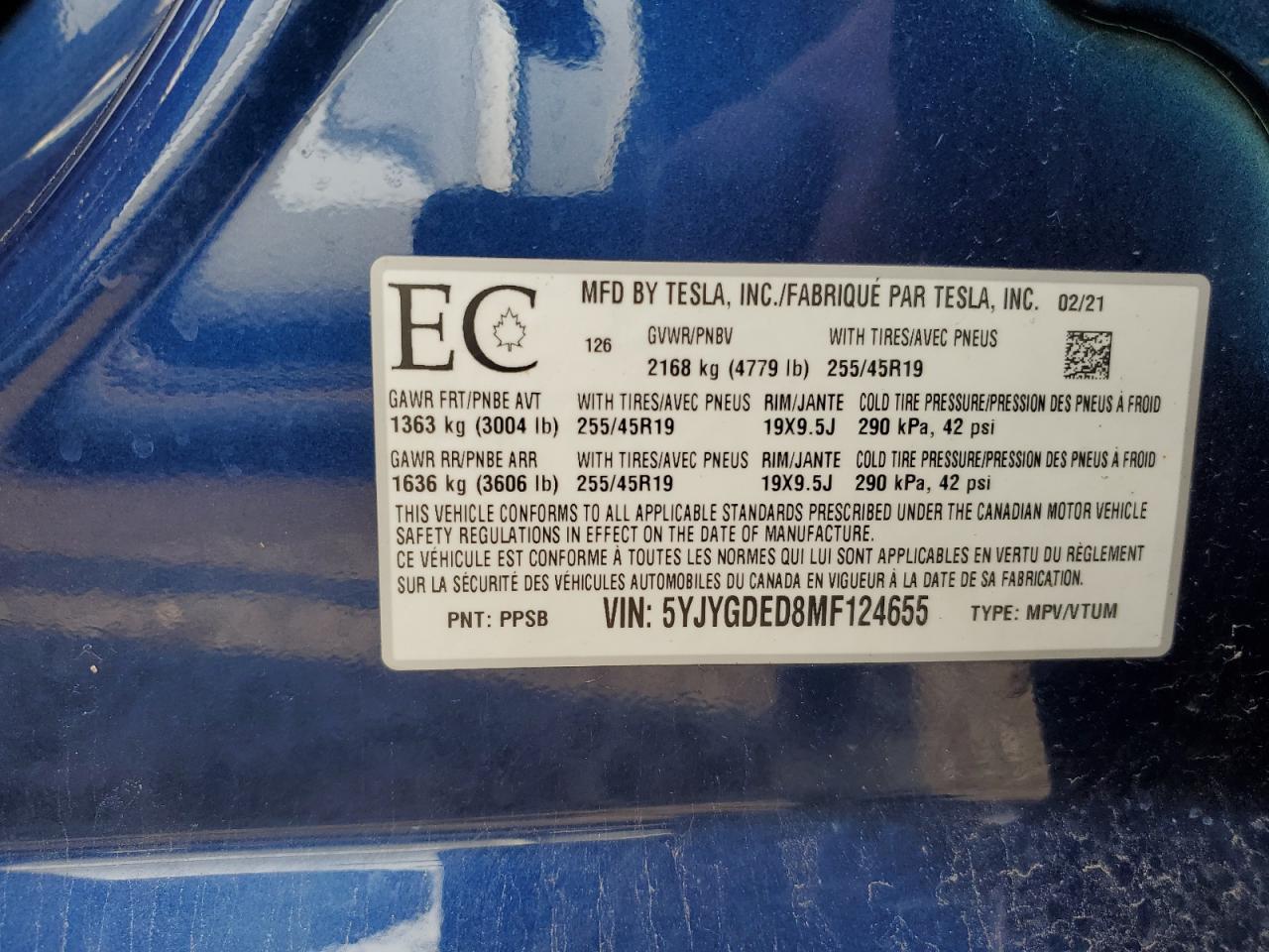 2021 Tesla Model Y VIN: 5YJYGDED8MF124655 Lot: 85175845