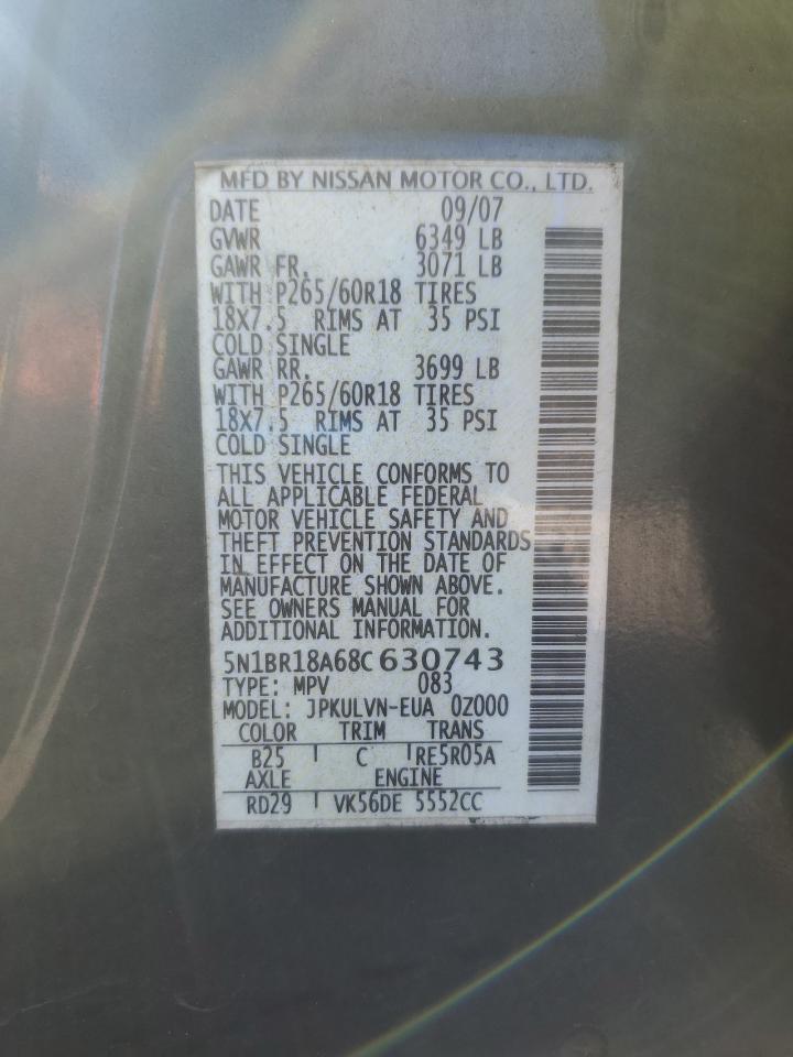 2008 Nissan Pathfinder Le VIN: 5N1BR18A68C630743 Lot: 86472385