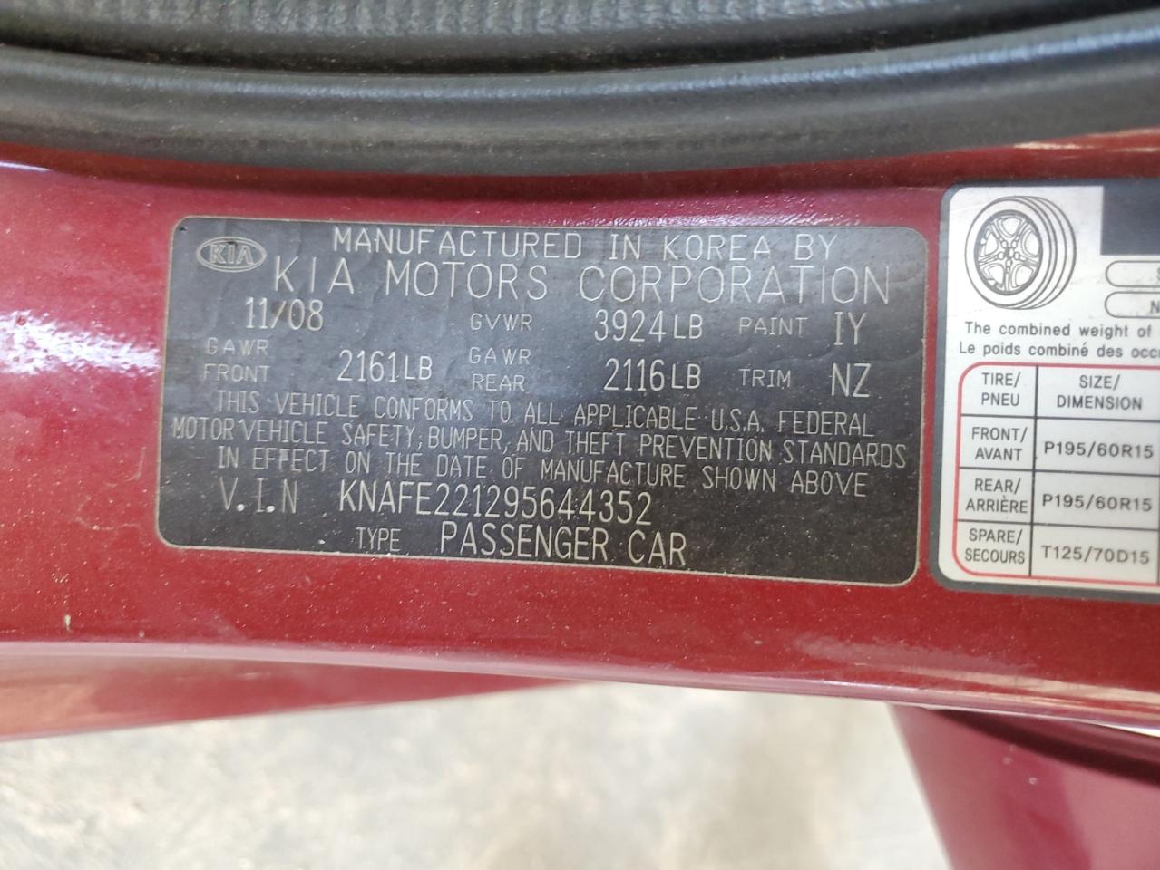 2009 Kia Spectra Ex VIN: KNAFE221295644352 Lot: 85508615