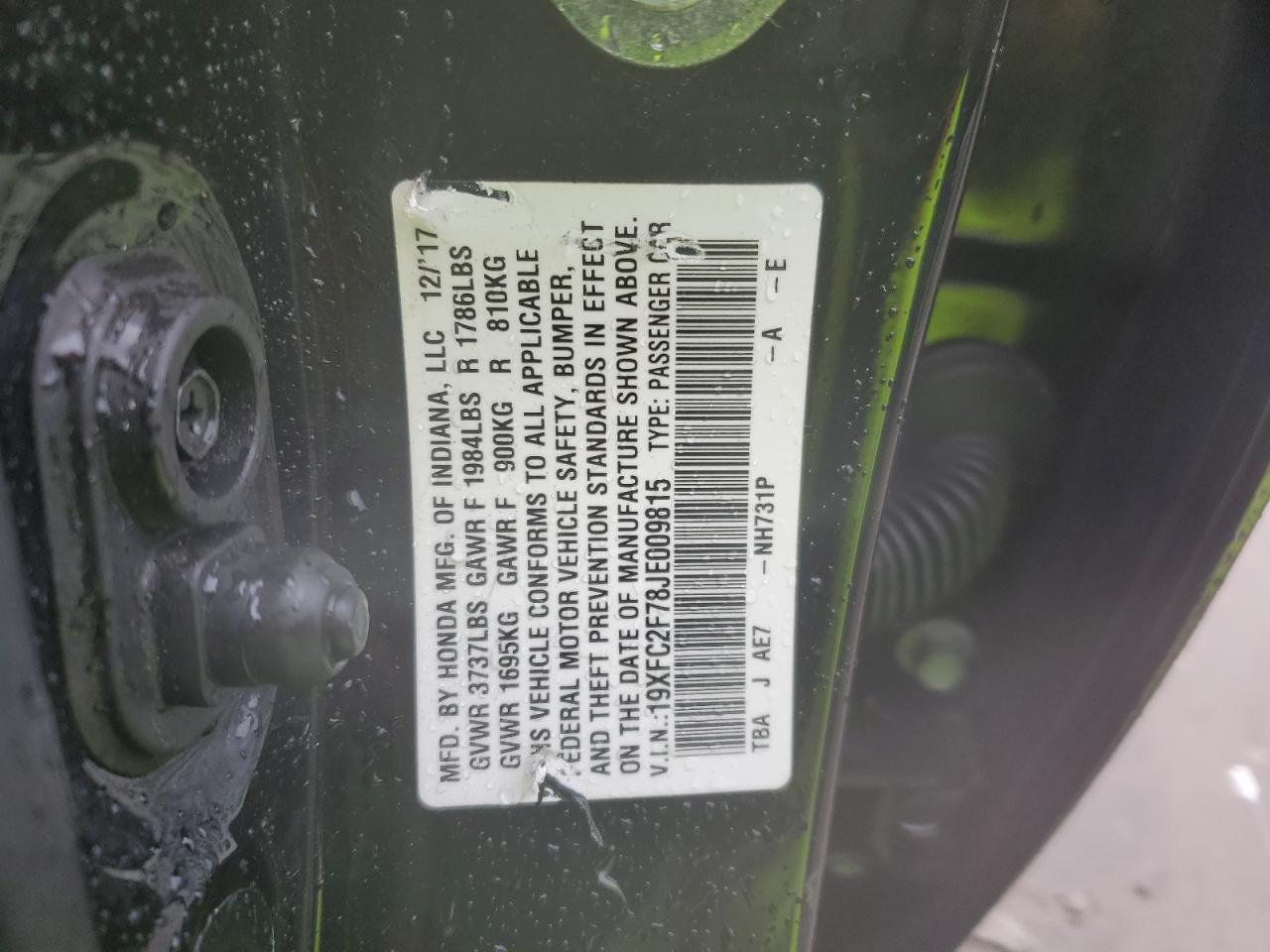 2018 Honda Civic Ex VIN: 19XFC2F78JE009815 Lot: 85352705