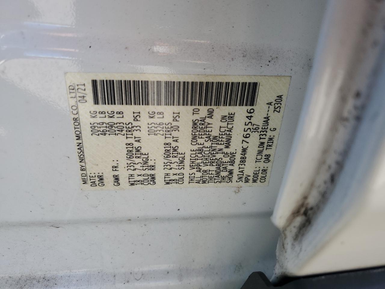 2021 Nissan Rogue Sv VIN: 5N1AT3BB4MC765546 Lot: 85872445