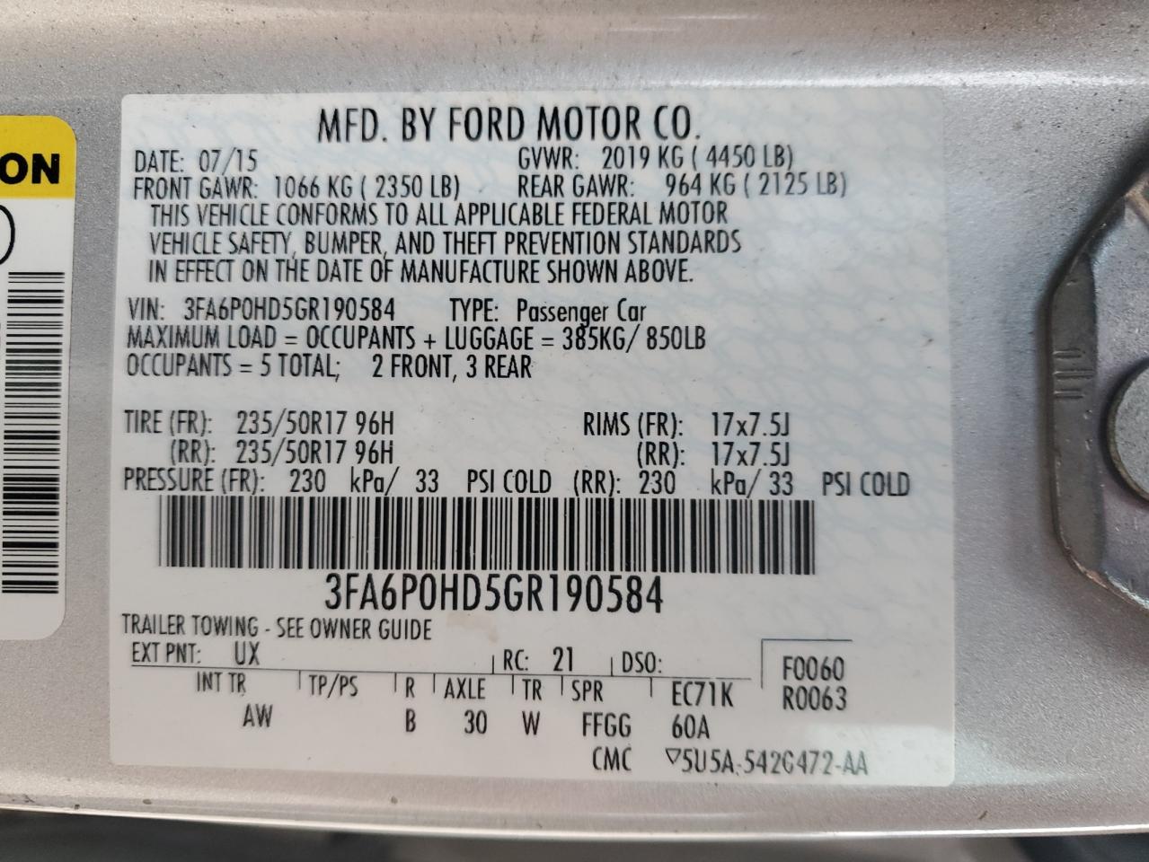 2016 Ford Fusion Se VIN: 3FA6P0HD5GR190584 Lot: 86217665