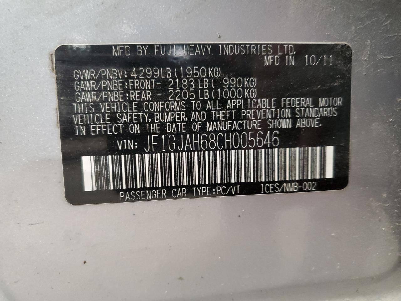 2012 Subaru Impreza Limited VIN: JF1GJAH68CH005646 Lot: 82348105