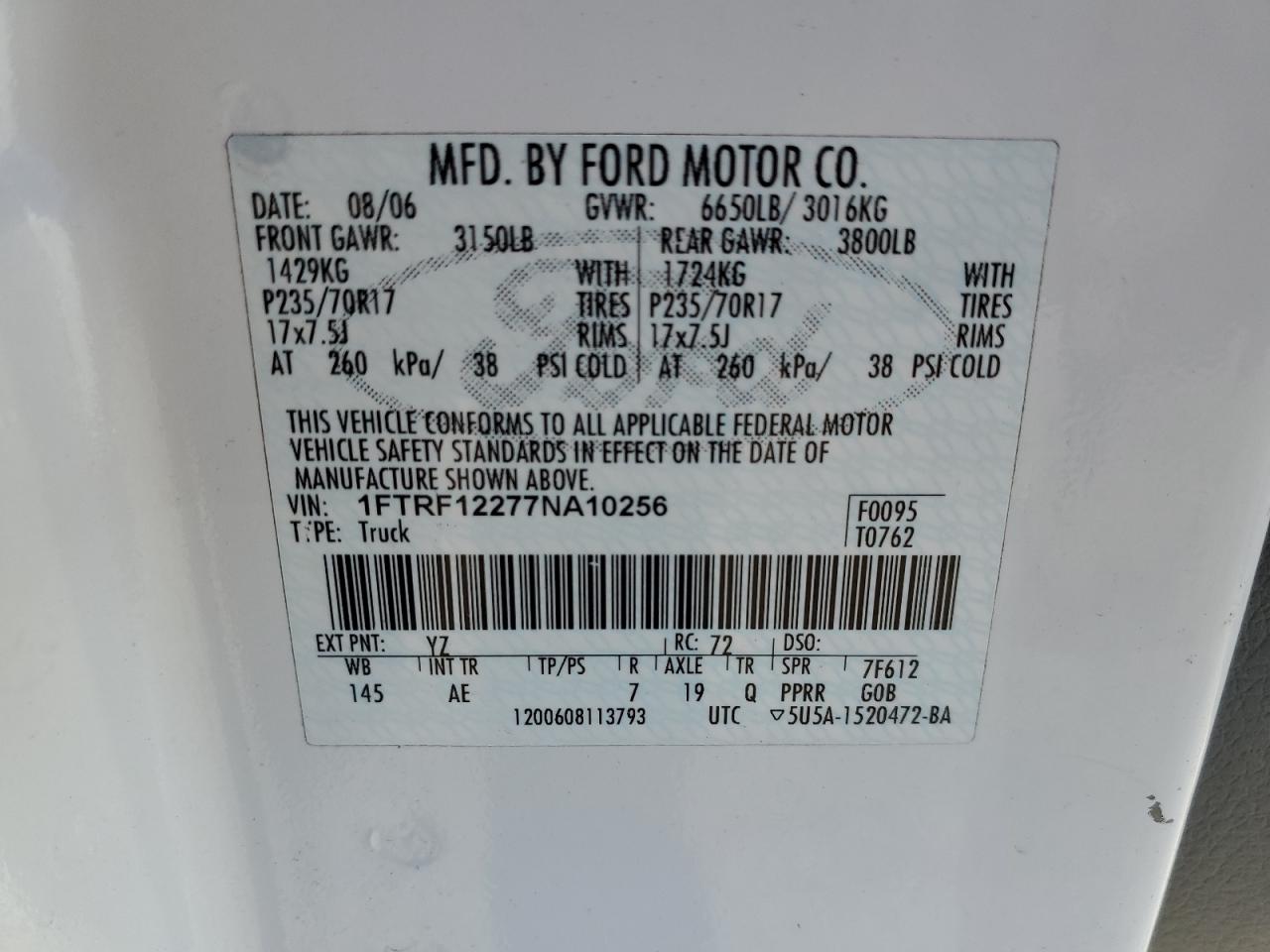2007 Ford F150 VIN: 1FTRF12277NA10256 Lot: 82405955