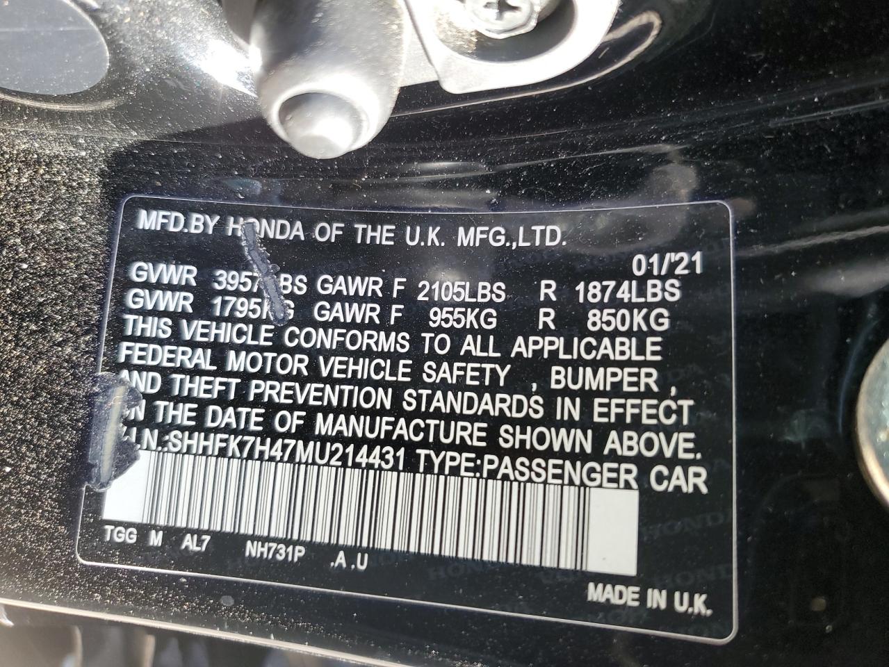 2021 Honda Civic Sport VIN: SHHFK7H47MU214431 Lot: 84876715