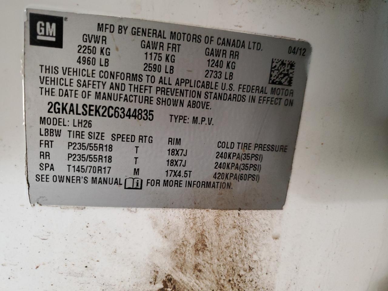 2012 GMC Terrain Sle VIN: 2GKALSEK2C6344835 Lot: 90277385