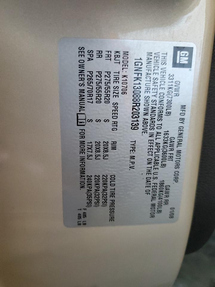 2008 Chevrolet Tahoe K1500 VIN: 1GNFK13088R203139 Lot: 82489965