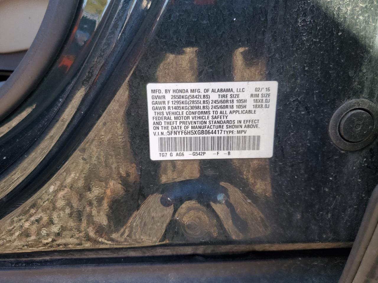 2016 Honda Pilot Exl VIN: 5FNYF6H5XGB064417 Lot: 81903735