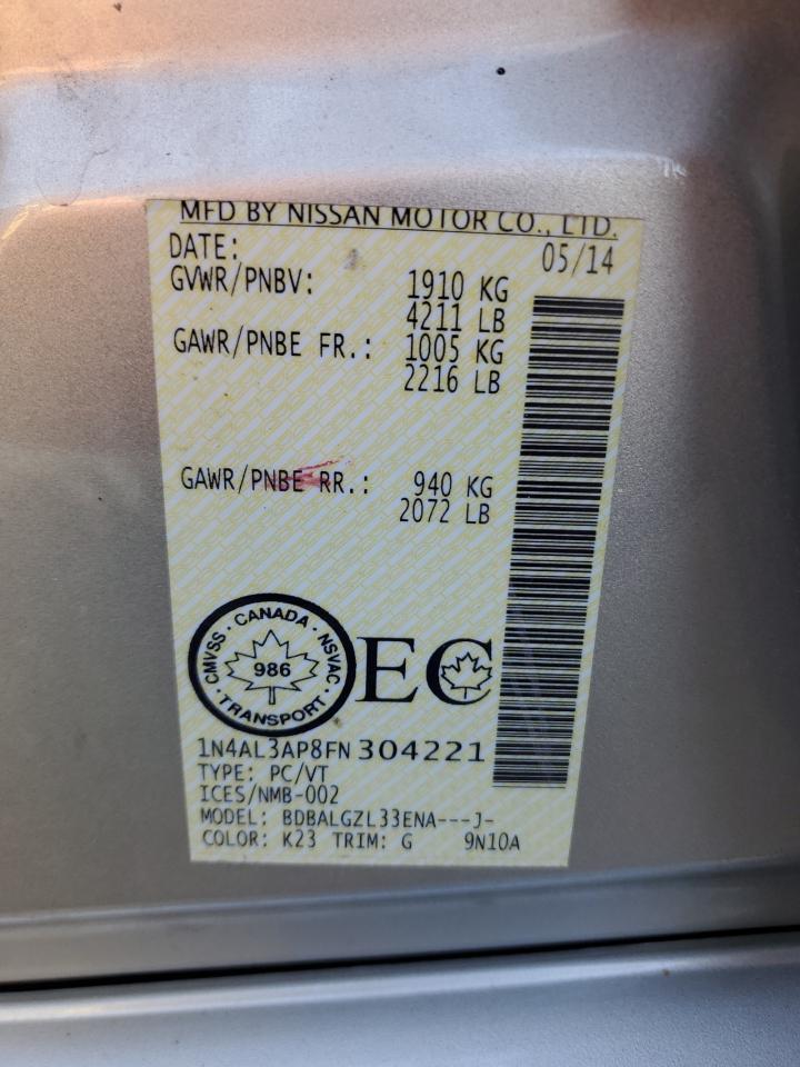 2015 Nissan Altima 2.5 VIN: 1N4AL3AP8FN304221 Lot: 86135885