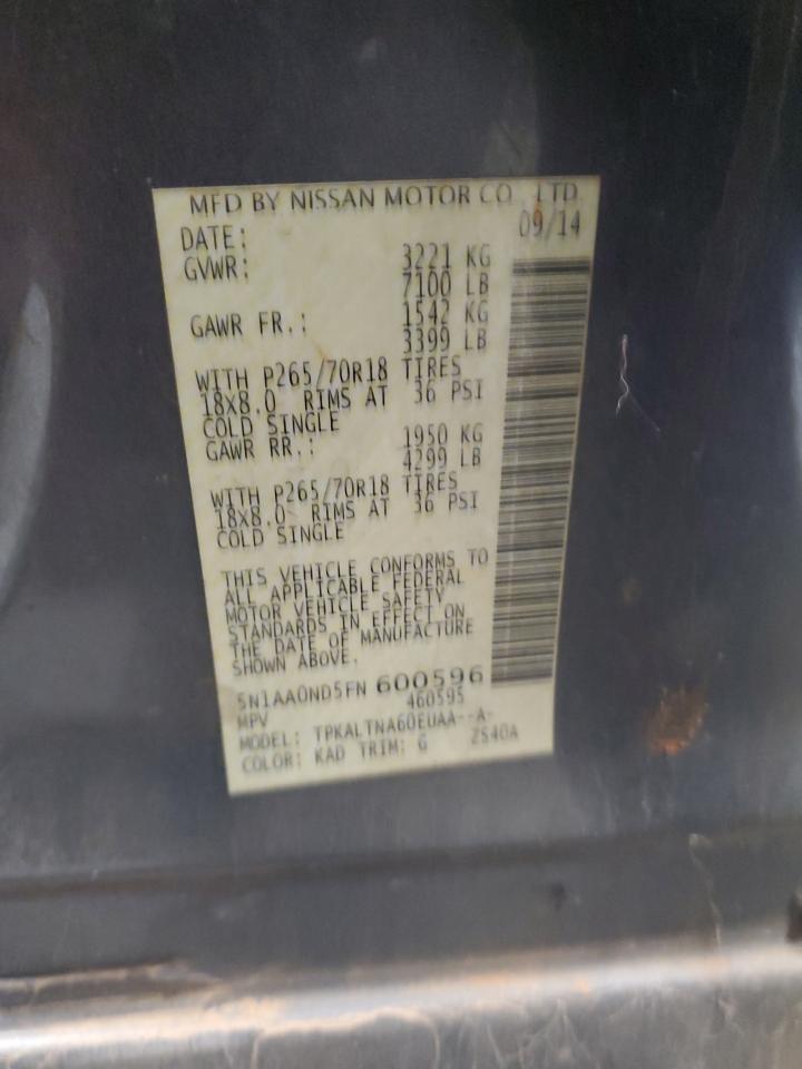 2015 Nissan Armada Sv VIN: 5N1AA0ND5FN600596 Lot: 82754265