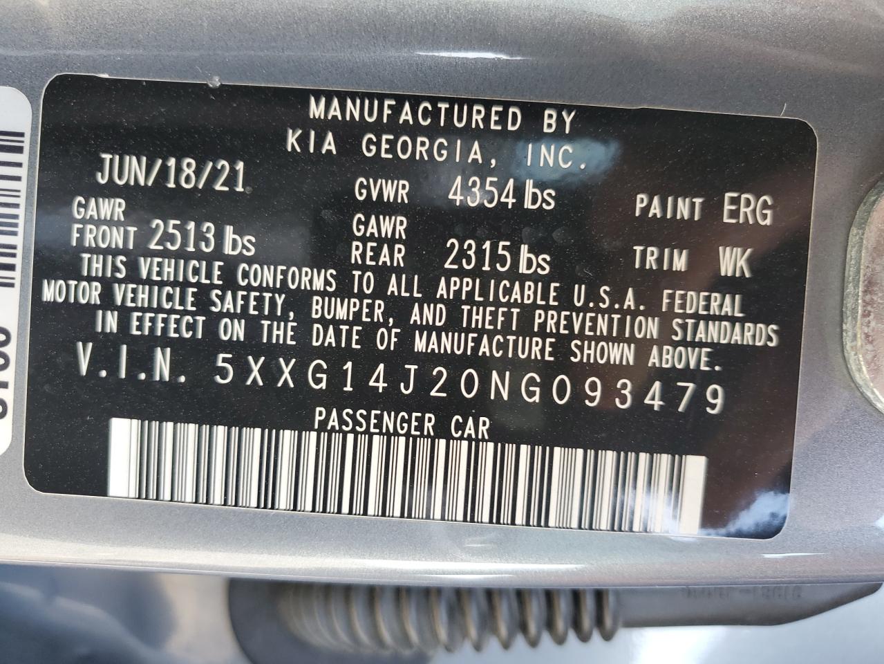 2022 Kia K5 Lxs VIN: 5XXG14J20NG093479 Lot: 87262165