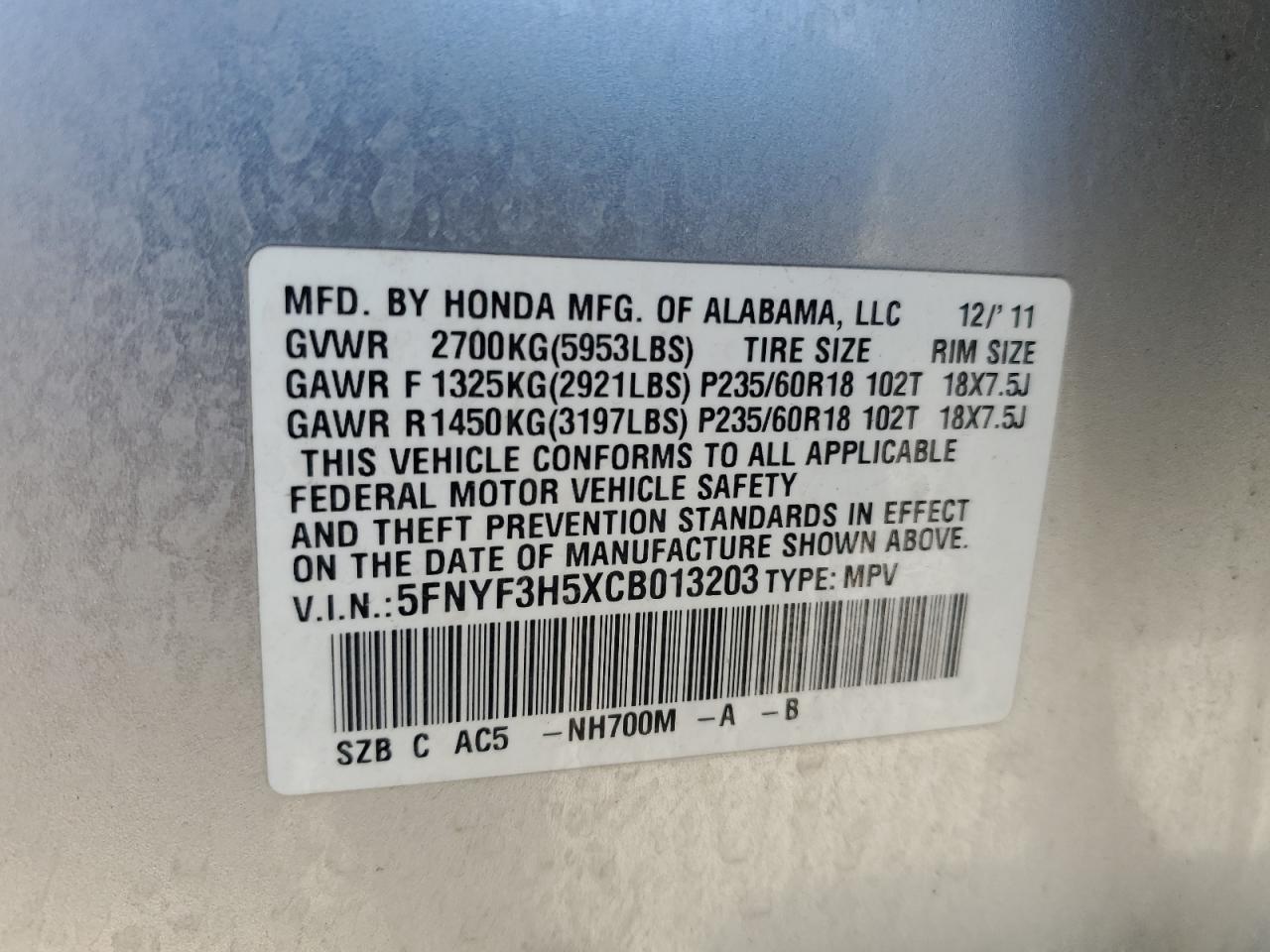 2012 Honda Pilot Exl VIN: 5FNYF3H5XCB013203 Lot: 85154075