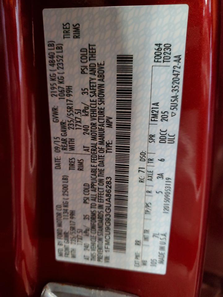 2016 Ford Escape Se VIN: 1FMCU9G93GUA86283 Lot: 86086735