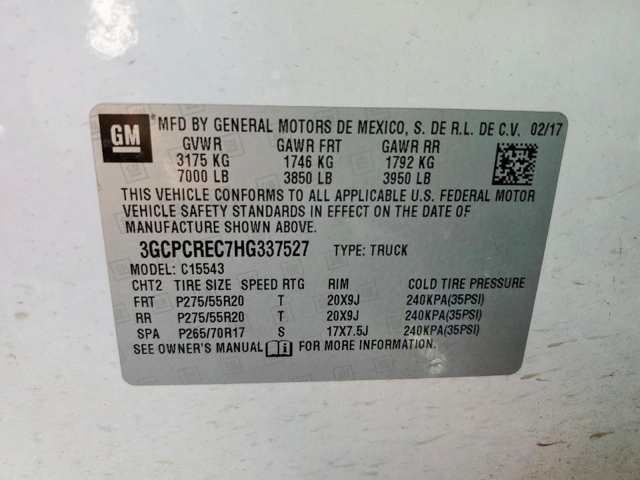 2017 Chevrolet Silverado C1500 Lt VIN: 3GCPCREC7HG337527 Lot: 86315005