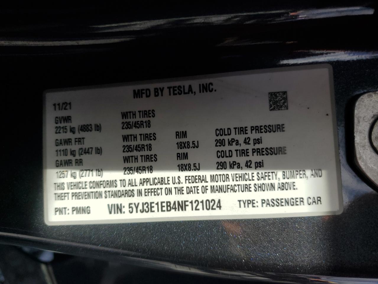 2022 Tesla Model 3 VIN: 5YJ3E1EB4NF121024 Lot: 84805415