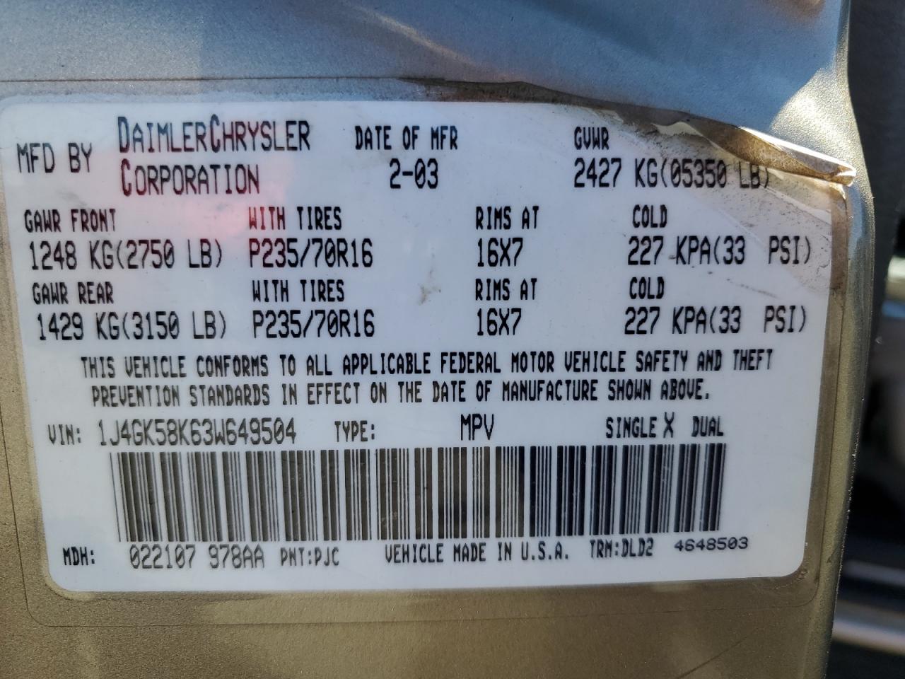 2003 Jeep Liberty Limited VIN: 1J4GK58K63W649504 Lot: 81962455