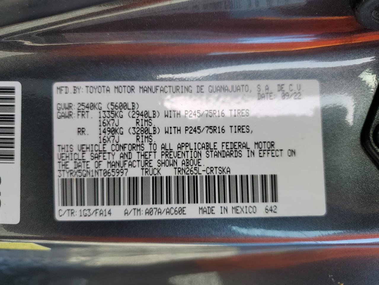 2022 Toyota Tacoma Access Cab VIN: 3TYRX5GN1NT065997 Lot: 85123095