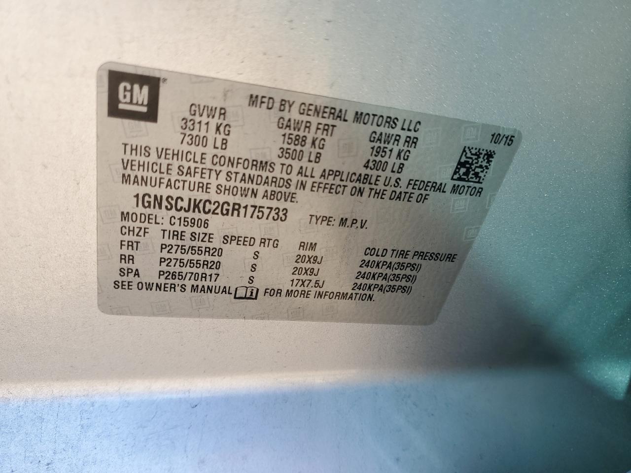 2016 Chevrolet Suburban C1500 Ltz VIN: 1GNSCJKC2GR175733 Lot: 86143305
