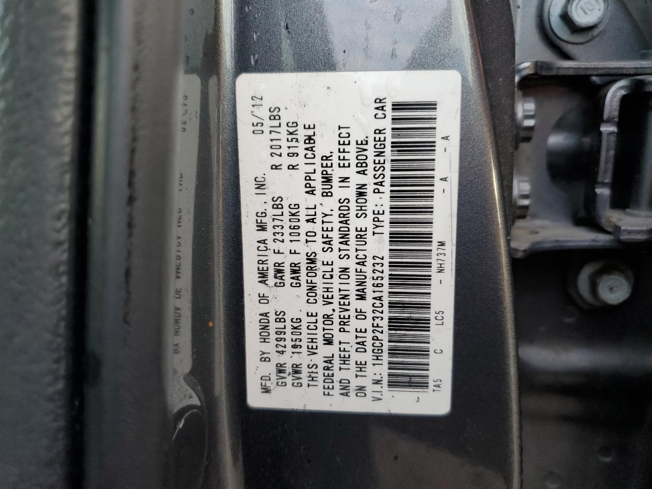2012 Honda Accord Lx VIN: 1HGCP2F32CA165232 Lot: 87259345